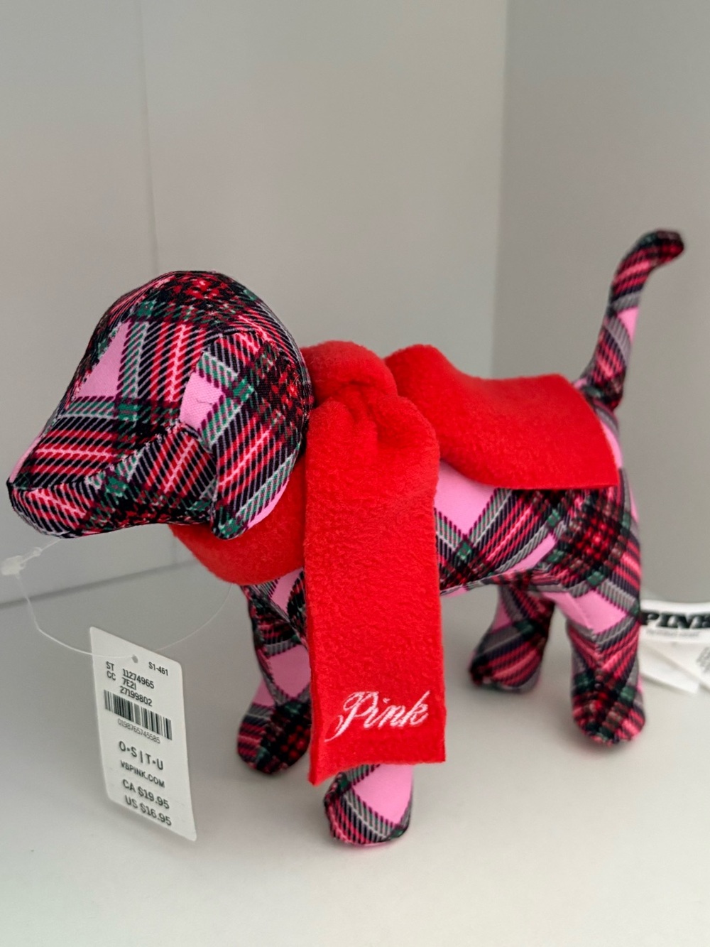 PINK Victoria's Secret Plaid Pink & Black Dog Plush with Red Scarf